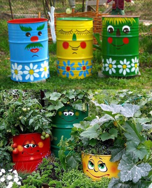 яркий идей декора бочек для огорода
